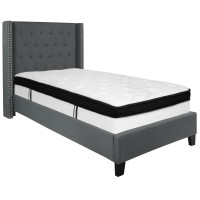 Flash Furniture HG-BMF-45-GG Riverdale Twin Size Tufted Upholstered Platform Bed in Dark Gray Fabric with Memory Foam Mattress